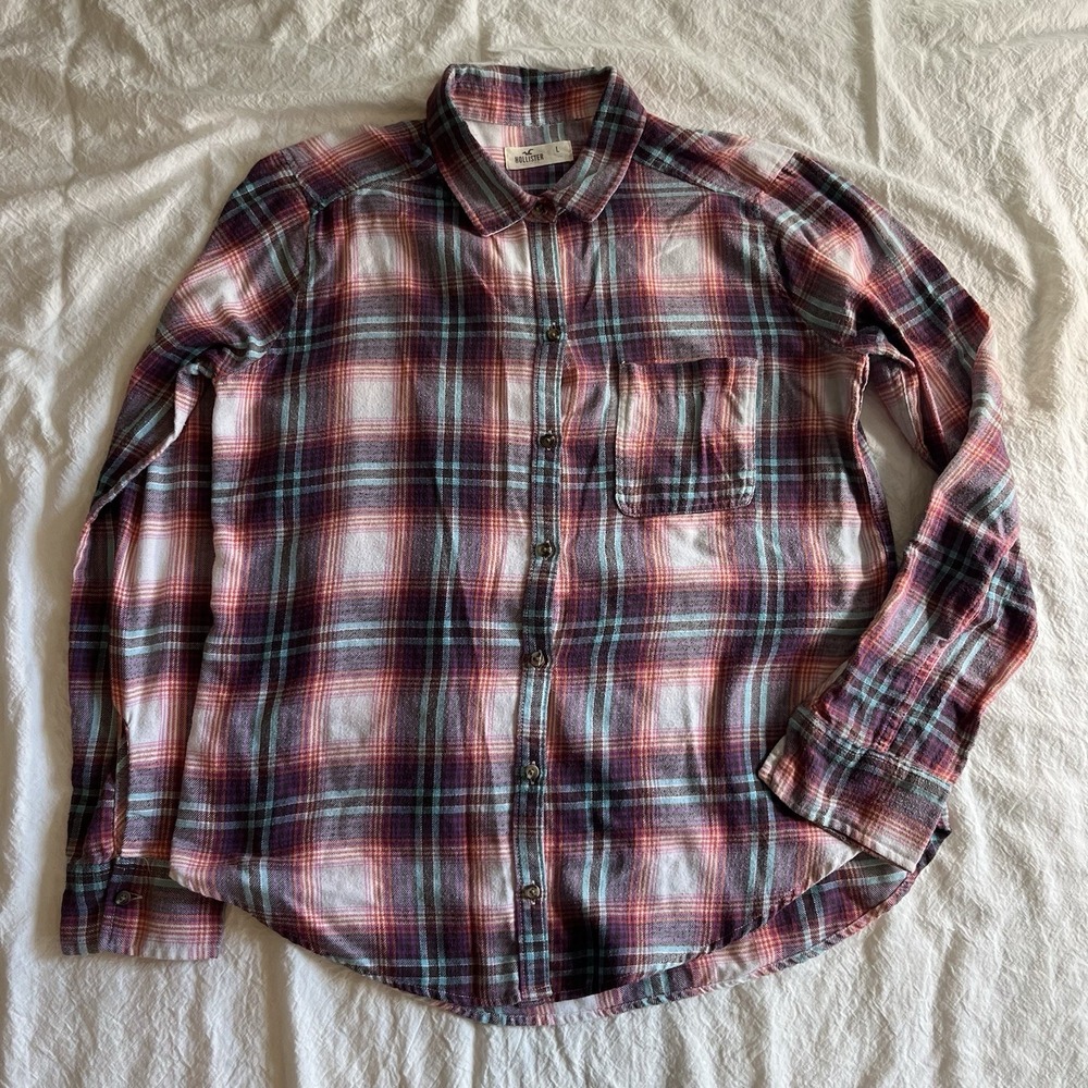 Hollister Flannel Large Red White Blue Long Sleeve Button Up Grunge Y2K Women's
